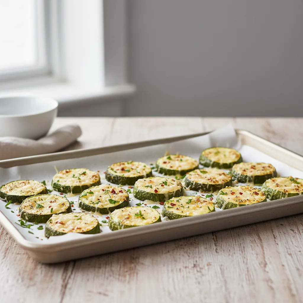 Zubereitete Zucchinischeiben auf einem Backblech