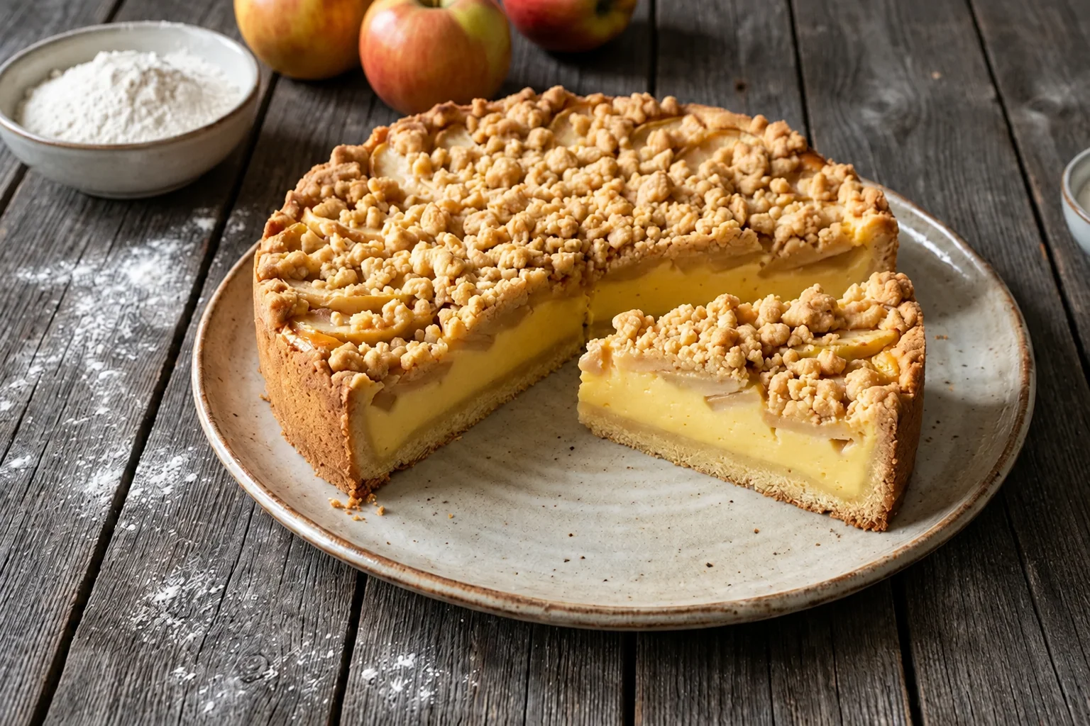 Apfelmus Vanillepudding Kuchen mit knusprigen Streuseln