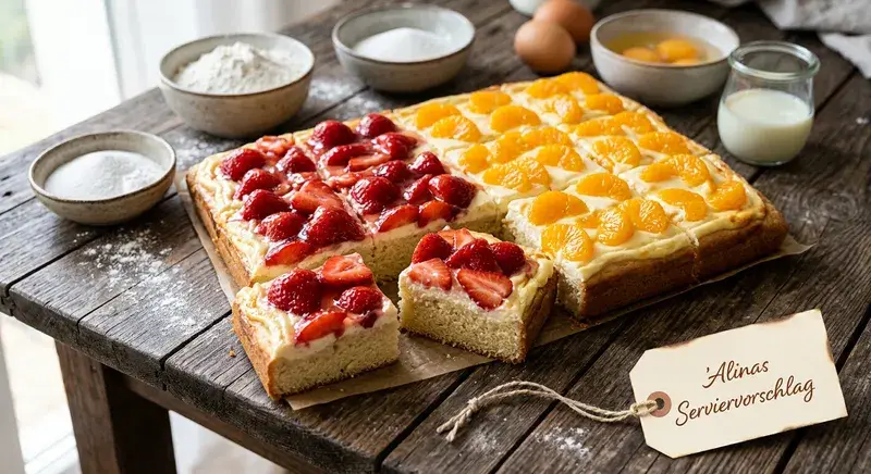 2 in 1 Rezept Leckerster Blechkuchen Erdbeer und Mandarinen Schnitten