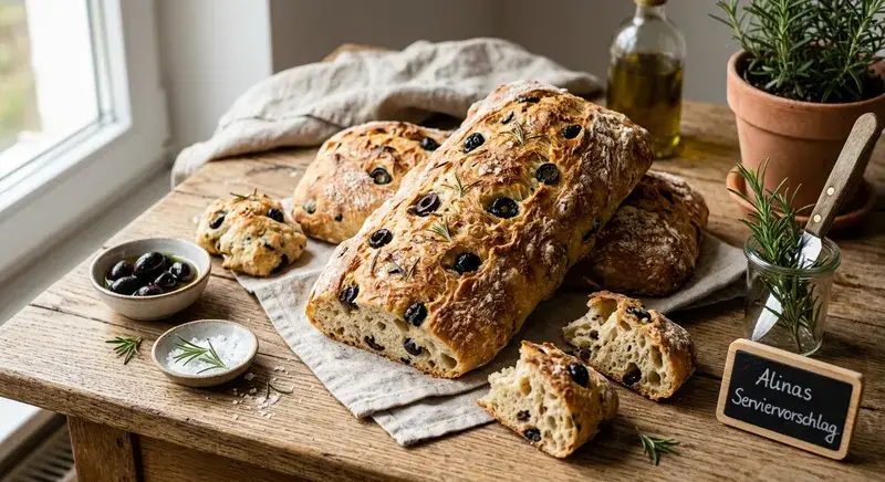 Blitz-Ciabatta Knusprige Oliven-Wölkchen