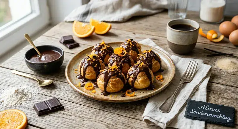 Churros Profiteroles Orangen Schokosauce