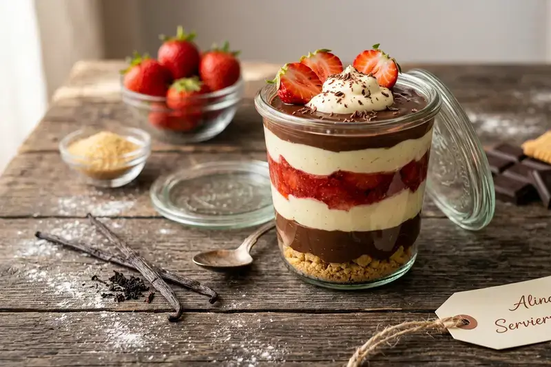 Cremiges Erdbeer Schoko Vanille Glasdessert