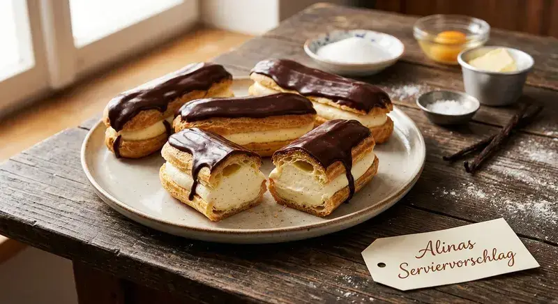 Éclairs italienischer Vanillecreme und Schokoladenüberzug Brandteig