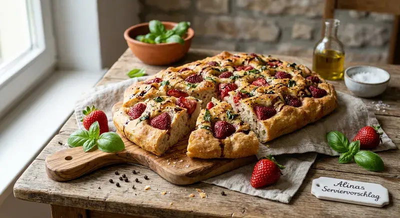Erdbeer Basilikum Focaccia Balsamico Reduktion