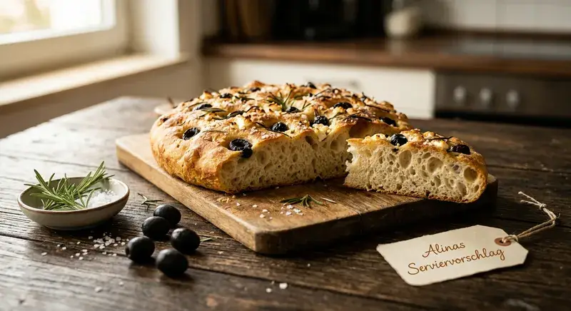 Focaccia Feta und Oliven Luftiges Focaccia Sauerteig Olivenbrot