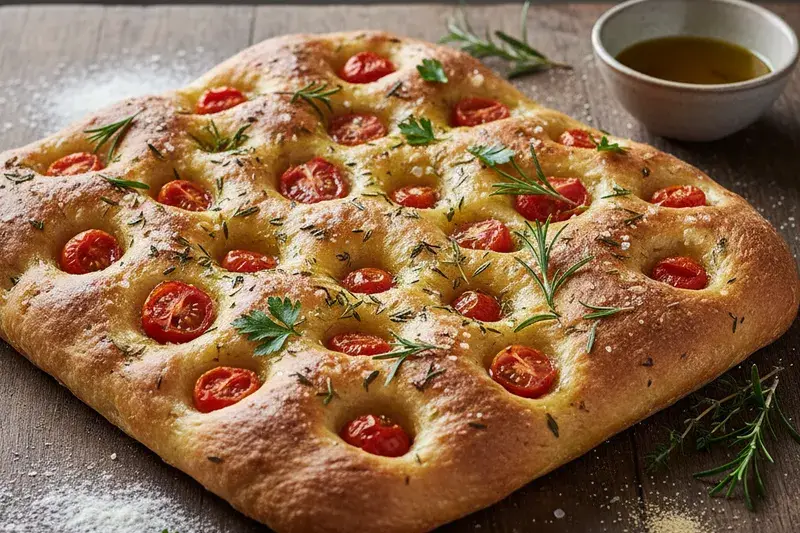 Frühlings Focaccia frischen Kräutern und Kirschtomaten