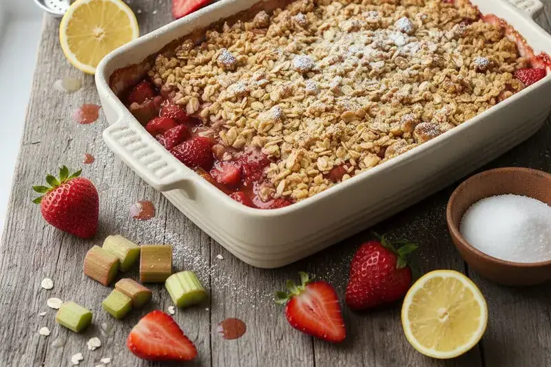 Frühlingshafter Erdbeer Rhabarber Crumble Haferflocken Streuseln