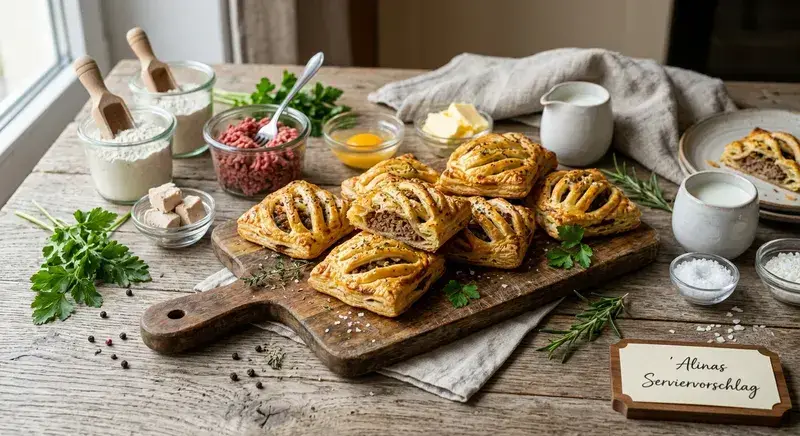 Hackfleisch Goldlinge Blätterteig Spezialität pikanter Note