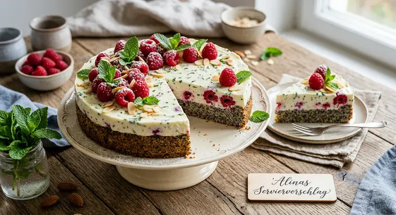 Himbeer Minz Kuchen auf Mandel Mohn Boden