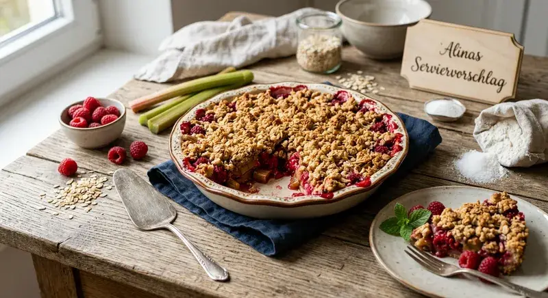 Himbeer Rhabarber Crumble Kuchen Haferflocken Streuseln