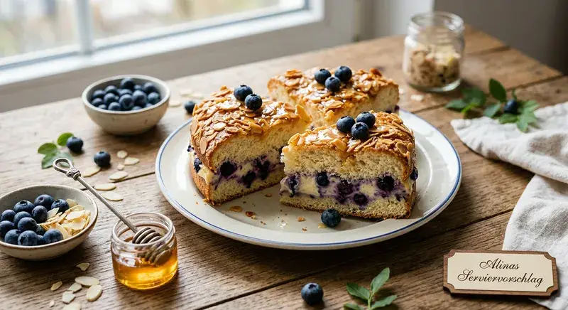 Honigwaben-Wölkchen Bienenstich mit Blaubeer-Twist