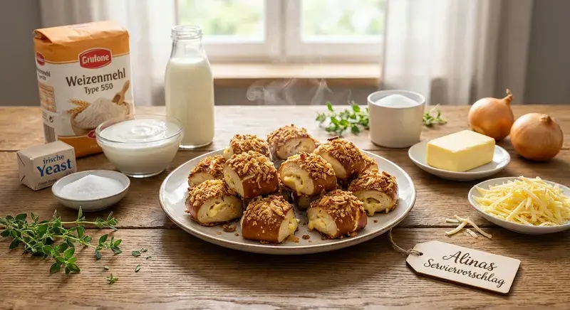 Käse-Laugenbällchen mit Röstzwiebel-Crunch