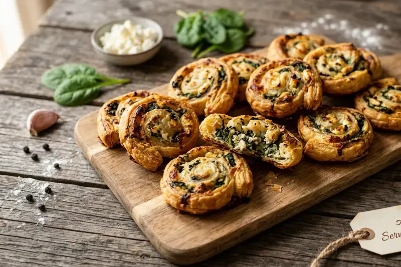 Knusprige Blätterteig Schnecken Feta und Spinat
