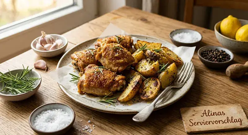 Knusprige Hähnchenschenkel Rosmarinkartoffeln aus der