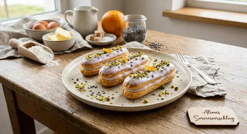Lavendel Orangen Éclairs Pistaziencrunch