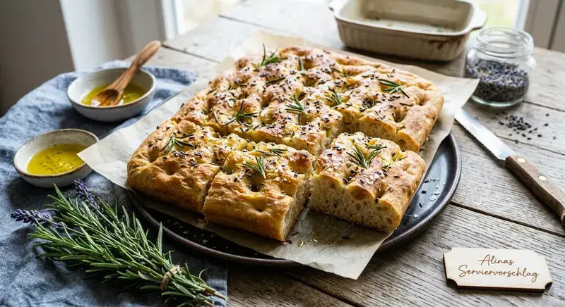 Lavendel-Rosmarin-Focaccia mit Zitronenöl