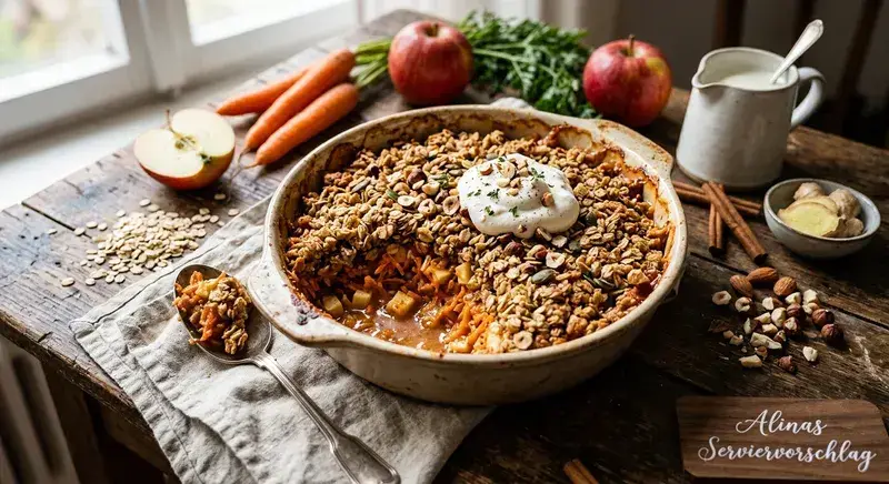 Möhren Apfel Crumble Hafer Nuss Topping