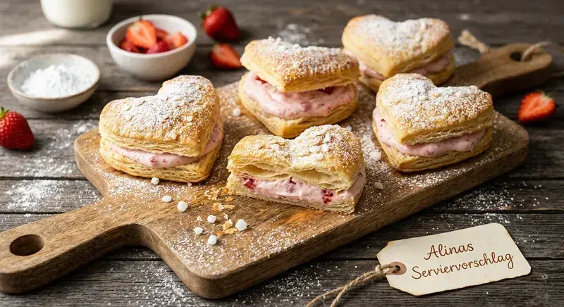 Rezept aus Blätterteig Schnelle & einfache Erdbeer Creme Herzen zum