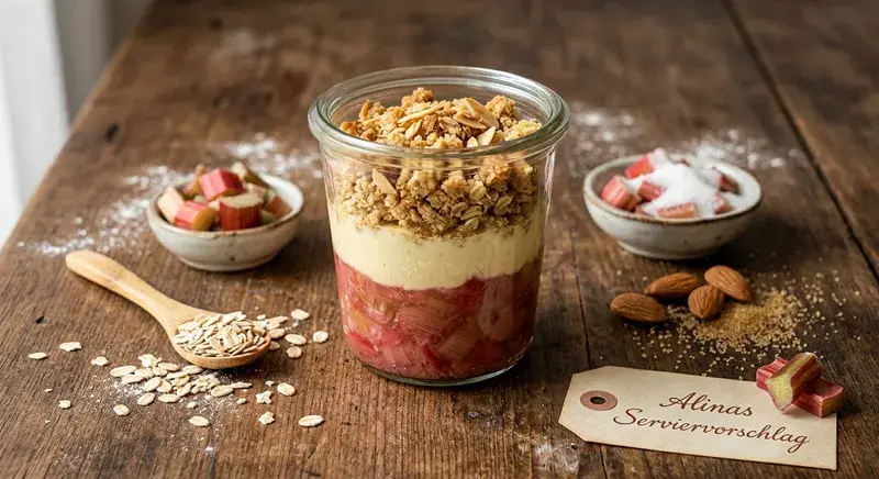 Rhabarber Crumble Träumchen im Glas