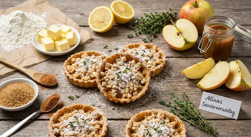 Salzkaramell-Apfel-Thymian-Crumble-Törtchen