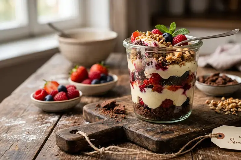 Schichtdessert Beeren, Vanillecreme und Knusperkomponente