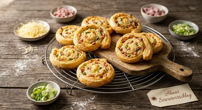 Schnelle Blätterteig Snacks Blätterteigschnecken herzhaft gefüllt