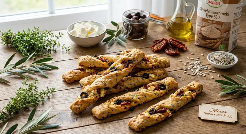 Sonnenblumen-Feta-Oliven-Sticks Mediterraner Genuss