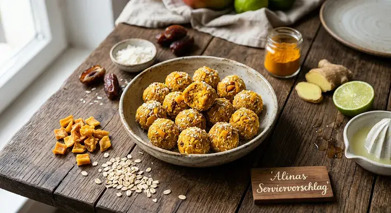 Sonnenfunken Bites Mango-Kurkuma Energiebällchen
