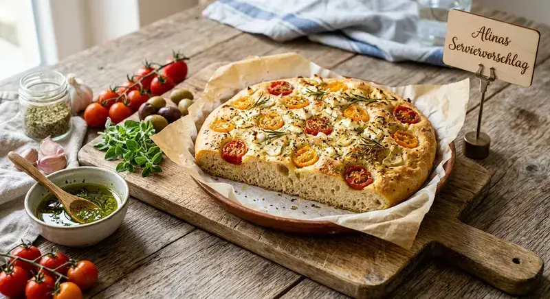 Sonnengeküsste Mittelmeer Focaccia Kräuter Olivenöl & Feta
