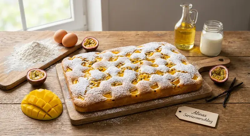 Tropischer Mango-Maracuja-Schneezauber-Blechkuchen