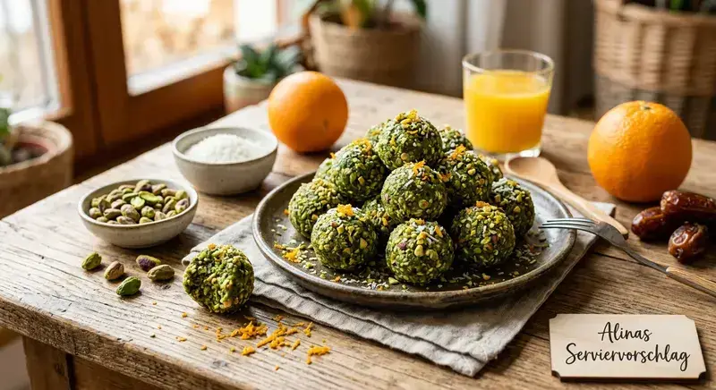 Verlockende Pistazien Spirulina Kugeln Orangen Kick